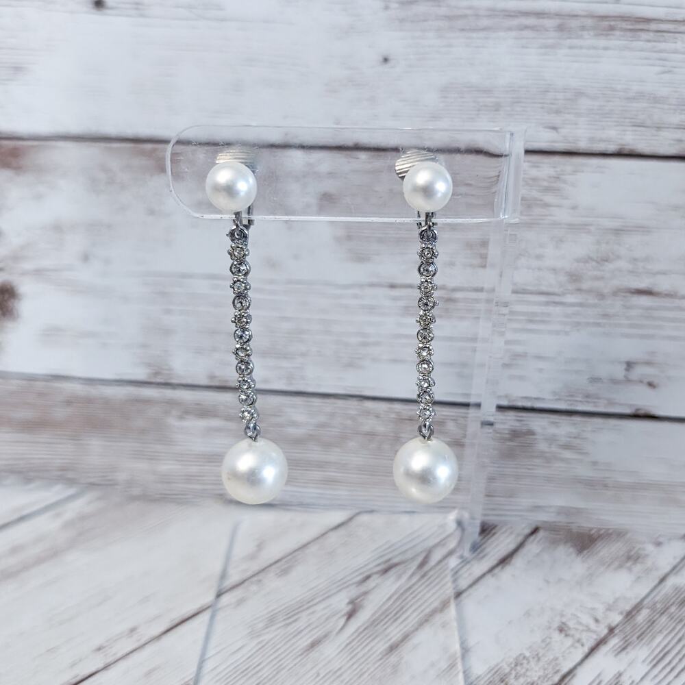 Vintage Clip On Earrings Long Statement Faux Pearl & Clear Gem Dangle